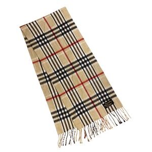 Laura Baroni 100% Cashmere Scarf Tan Plaid Check Made in Italy Fringe Trim
